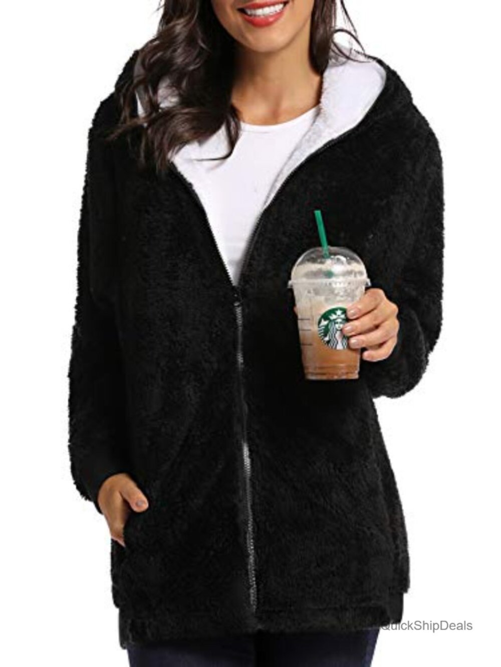Women's Oversized Fleece Zip Up Hooded Jacket Winter Sherpa Coat
